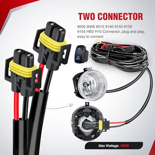 Image of Nilight 16AWG Heavy Duty Wiring Harness Kit - 12V 5PIN Rocker Switch Relay Blade Fuse Socket Connector - Compatible with 9005 9006 9140 9145 HB3 H10 Fog Light Bulbs