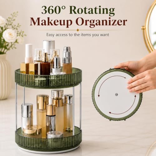 Image of MECHDEL Makeup Organiser Box with Drawers, Perfume, Cosmetic and Skincare Storage Stand, Dressing Table Organiser for Lipstick, Nail Polish (360 Rotating-Transparent Green, 2 Tier)