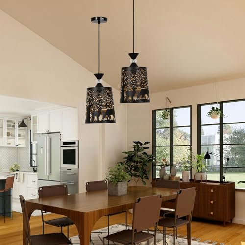 Image of Groeien Pack of 2 | Black Finish Metal Crystal Hanging Pendant Ceiling Lamp Fixture | Chandelier for Home, Indoor, Outdoor,Living Room, Bedroom(Bulb not Included) (DeerShade, 2)