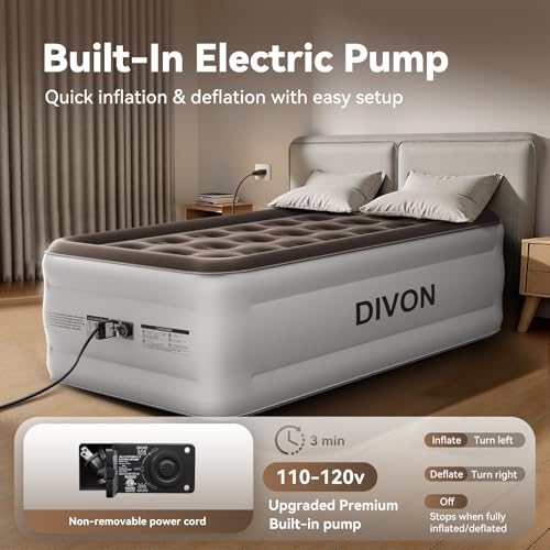 Image of DIVON Twin Air Mattress with Built in Pump Raised, 2 Min Self Inflatable Mattress, 18'' Blow up Mattress for Adults, 330 LBS Portable Air Bed for Guest, Camping, Travel & Floor, Brown