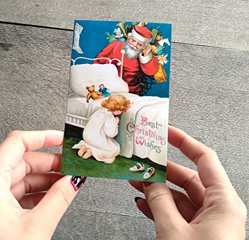 Image of PIXILUV SANTA'S CHRISTMAS SALUTATIONS (Pack of 12) Notecards Small Greeting Cards # Pairs of Santas and Christmas Yuletide Greetings ~ Vintage Christmas Postcards Reprint