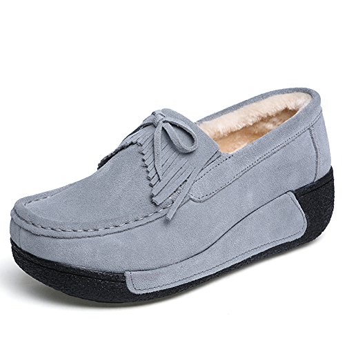 Z.SUO Mujer Mocasines de Cuero Gamuza Moda Loafers Casual Zapatos(37 EU,Gris Plus Terciopelo)