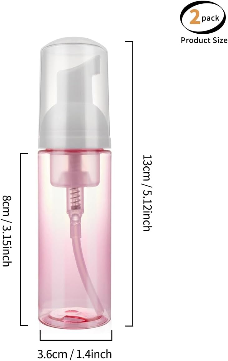 2Pack 2oz Foam Pump Bottle, Leak Proof Travel Size, Plastic Transparent refillable Foam soap Dispenser for Hand Washing, Shampoo, Eyelash Cleaner - Portable Rich Foam (Pink, Green)