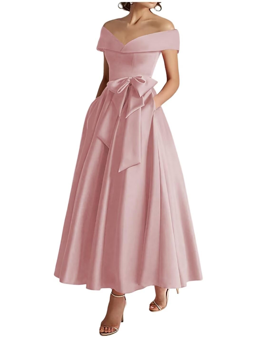 Yiann Women's Dusty Rose Tea Length Mother Of The Bride Dresses For Wedding Satin Prom Dress Elegant Evening Formal Gown Uk16