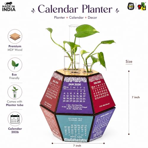 Image of Gift Kya De 2026 Desk Calendar with Hexagon Planter | Wooden 3D Pentagonal Table Calendar Big Size | Colourful Monthly Display | Premium Office Desk Decorative Item & Corporate Gift | Unique Table Decor