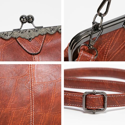 Women Vintage Crossbody Bag Top Handle Kiss Lock Handbag Retro Daily Purse PU Leather Tote Women Satchel Messenger Bag2