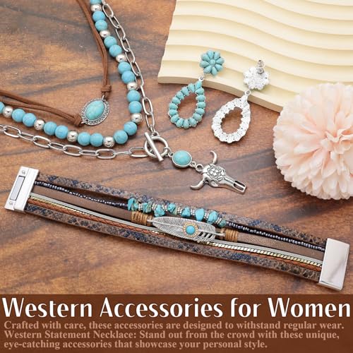 RechicGu Western Jewelry For Women Bohemian Turquoise Dangle Earrings Necklace Bracelet Set, Bullhead Pendant Layered Choker Boho Faux Leather Wristband Country Concert Cowgirl Accessories3