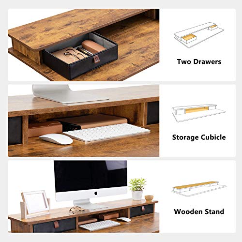 Fezibo Height Adjustable Electric Standing Desk With Double Drawer, 48 X 24 Inch Table With Storage Shelf, Sit Stand Desk With Splice Board, Black Frame/Rustic Brown Top, 48 Inch #TOP2