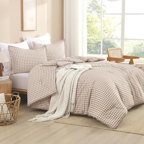 Image of Andency Tan Gingham Comforter Set Full(79x90Inch), Brown Checkered Grid Plaid Buffalo Bed Set for Girls Boys Kids Teens, 3 Pieces Lightweight Polyester Geometric Preppy Bedding