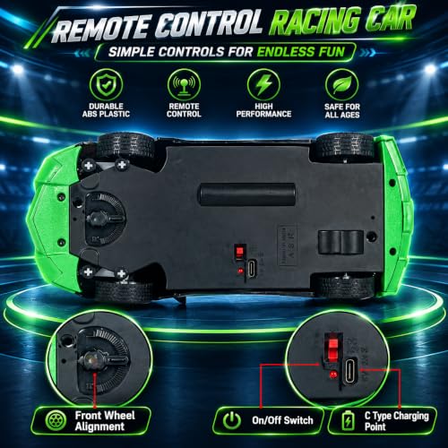 Image of Wishkey Remote Control Car Toy Super High Speed Racing Car with Stylish Looks & Modern Design,RC Vehicle Toy for Kids Age 4+ Years Black-Green, (Pack of 1)