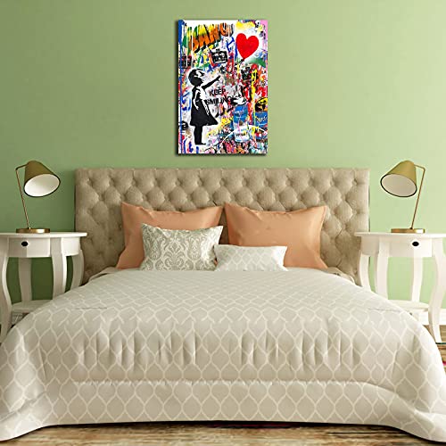 Graffiti Canvas Wall Art - Graffiti Wall Art, Colorful Balloon Girl Poster Pictures For Room Decor Gift, Street Art Canvas Graffiti, Modern Pop Framed Artwork For Home Wall Decoration (12X18 Inches) #TOP3