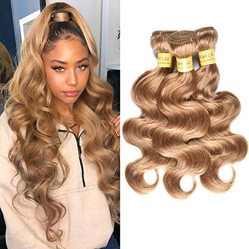 MY LIKE Hair Grade 8A Honey Blonde Russian Human Hair Weave 3 Bundle Deals Pure Colored #27 Body Wave Wavy Light Brown Virgin Hair Weft Extensions Mixed Length (14 16 18)