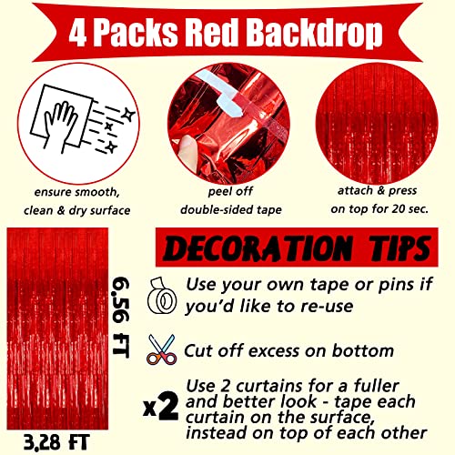 Image of 4 Pack Red Fringe Curtain Backdrop, 3.2Ft x 6.6Ft Metallic Tinsel Foil Fringe Streamers Curtains Background for Photo Booth Birthday Wedding Baby Shower Party Thanksgiving Christmas Decorations