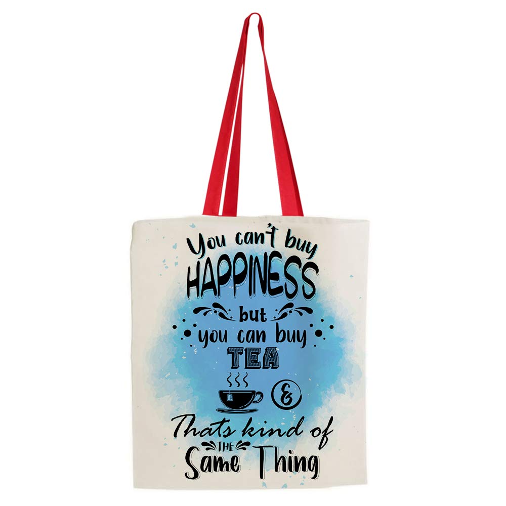 Getagift You Can’t Buy Happiness But You Can Buy Tea Themed Funny Tote Bag-Cotton Shopping Bag. (Red Handle)