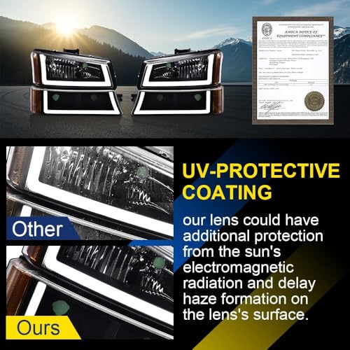 Image of GRAND ORANGE LED Headlight Assembly Compatible with 2003-2006 Chevy Silverado 1500 2500 3500 HD Model, Fit Chevy Avalanche 2003-2006 1500 2500 GM250222, GM2503224 Clear Lens Black Housing Amber Corner