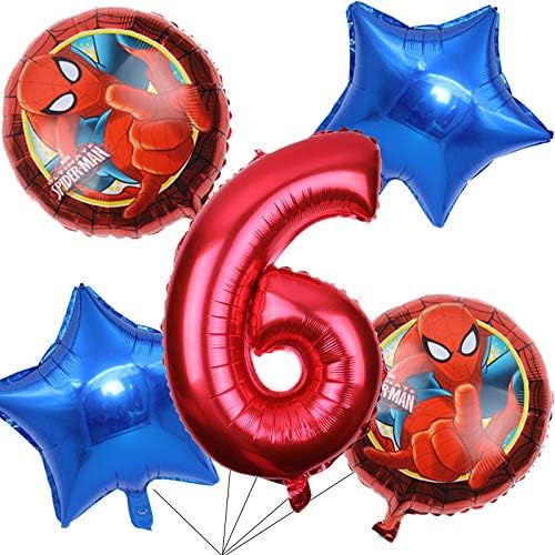 BCD-PRO Superhero Spiderman Balloons Bouquet 6th Birthday 5 pcs - Party Supplies - Ribbons included