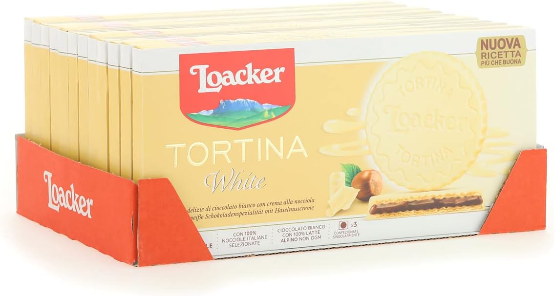 Loacker, Tortina Gran Pasticceria White, Cialde Wafer Ricoperte di Cioccolato Bianco e Ripiene di Crema alle Nocciole, Merenda e Snack, Formato Convenienza, 12 Confezioni di Biscotti Monoporzione
