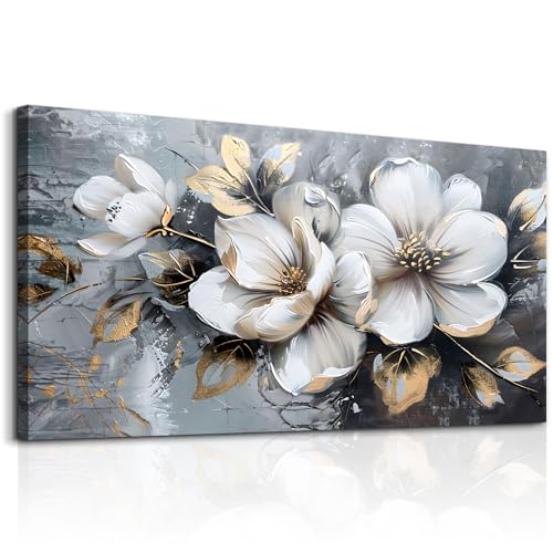 KELIYUAN Large Canvas Wall Decor Living Room For Wall Art For Bedroom Office Decorations Abstract White Flowers Wall Paintings Pictures Artwork Modern Framed Posters Home Decor Aesthetic 30"x60"