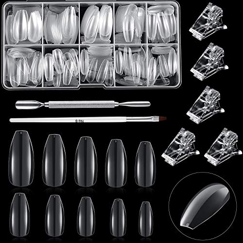 500 Pieces Ballerina False Nails Clear Coffin Nails Artificial Nail Tips with Pen, Cuticle Pusher and 5 Nail Clips, Nail Art Manicure Tools Set for Christmas Holiday Present, Beginner and Salon