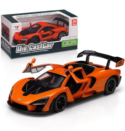 Image of 1:28 Scale McLaren Senna Car Toy Alloy Metal Die-Cast Supercar Model with Openable Doors, Lights & Sound, Pull-Back Sports Car Toy for Kids, Boys & Collectors - Gift Item (Orange)