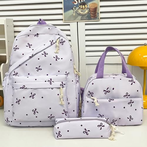 3-in-1 Bow Tie Aesthetic Bow Backpack with Lunch Bag and Small Case Cute Bow Backpack for Women Kawaii Preppy Nylon Rucksack2