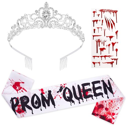 WHGAW Halloween Prom Queen Costume Accessories Crown Tiara Prom Queen Bloody Sash Blood Tattoo Stickers Women Cosplay Party for Carrie