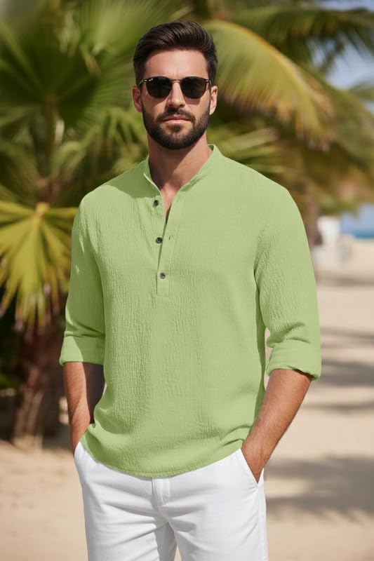 Image of Men's Cotton Blend Short Kurta with Collared Neck Full Sleeves Solid Pattern Western Style Regular Fit and Standard Length