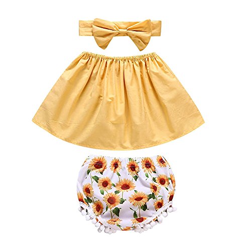 ggudd Niña Bebé Fuera del Hombro Vestido y Pololas Pantalones Cortos Venda Girasol Impreso Ropa 3 Piezas/Conjunto(Amarillo,0-6 Meses) Cover