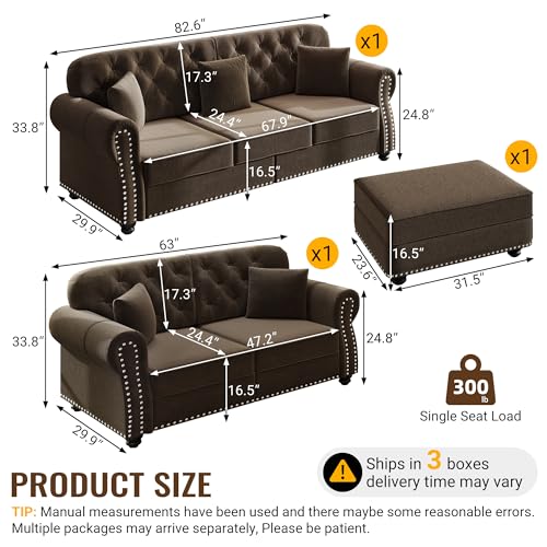 Image of KEIKI 2-Piece Chesterfield Sofa Set with 1 Velvet 3-Seater Sofa & 1 Loveseat Sofa, Upholstered 5-Seater Couch Set with Nailhead Trim & Rolled Arms & 1 Ottoman & 5 Pillow, for Living Room, Brown