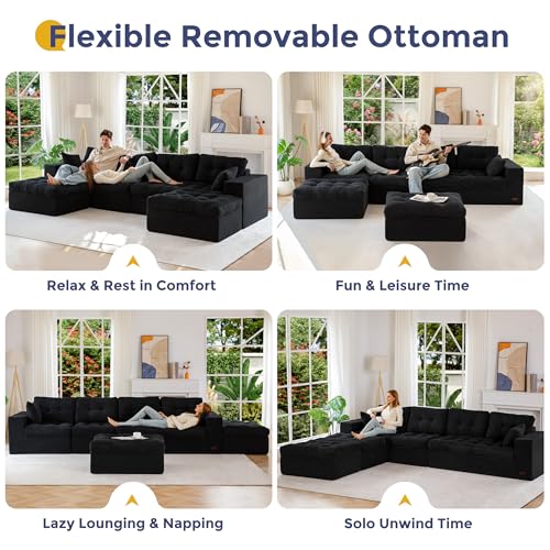 Image of MAXYOYO 132 inch U Shaped Modular Sectional Sofa with 2 Ottomans, Cloud Boneless Couch with Layered Cushion, Flexible Module Combination Sofa for Living Room, No Assembly Required, Black