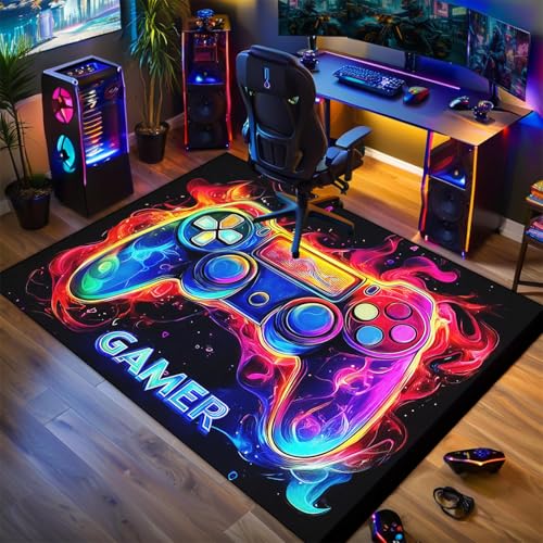 Boys Gamer Area Rug for Room - Purple Gaming Carpet Rug for Kids Boys Bedroom Video Games Carpet Gamepad Themed Rugs Kids Room Decor, 70 x 55 Inches