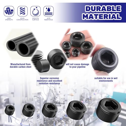 30 Pcs Carbon Steel NPT Pipe Plugs Assortment Kit 1/8" 1/4" 3/8" 1/2" 3/4" Internal Hex Thread Socket Pipe Plug for Sealing Pipe Port - Image 4