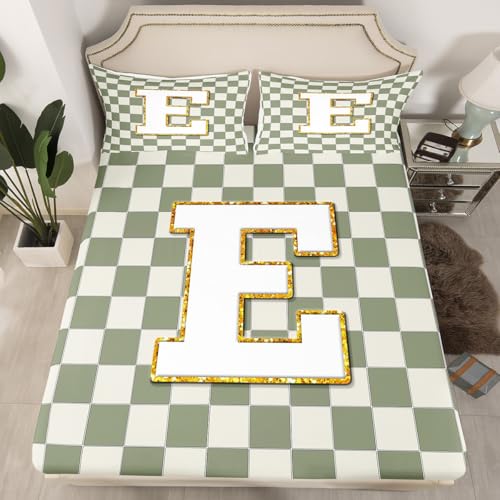 Image of Erosebridal Sage Green Checkered Sheet Set Full Plaid Initial E Bed Sheets Personalized Monogram Bedding for Kids Boys Girls,Fashion Grids Gingham Bed Sheets Set 4 Piece