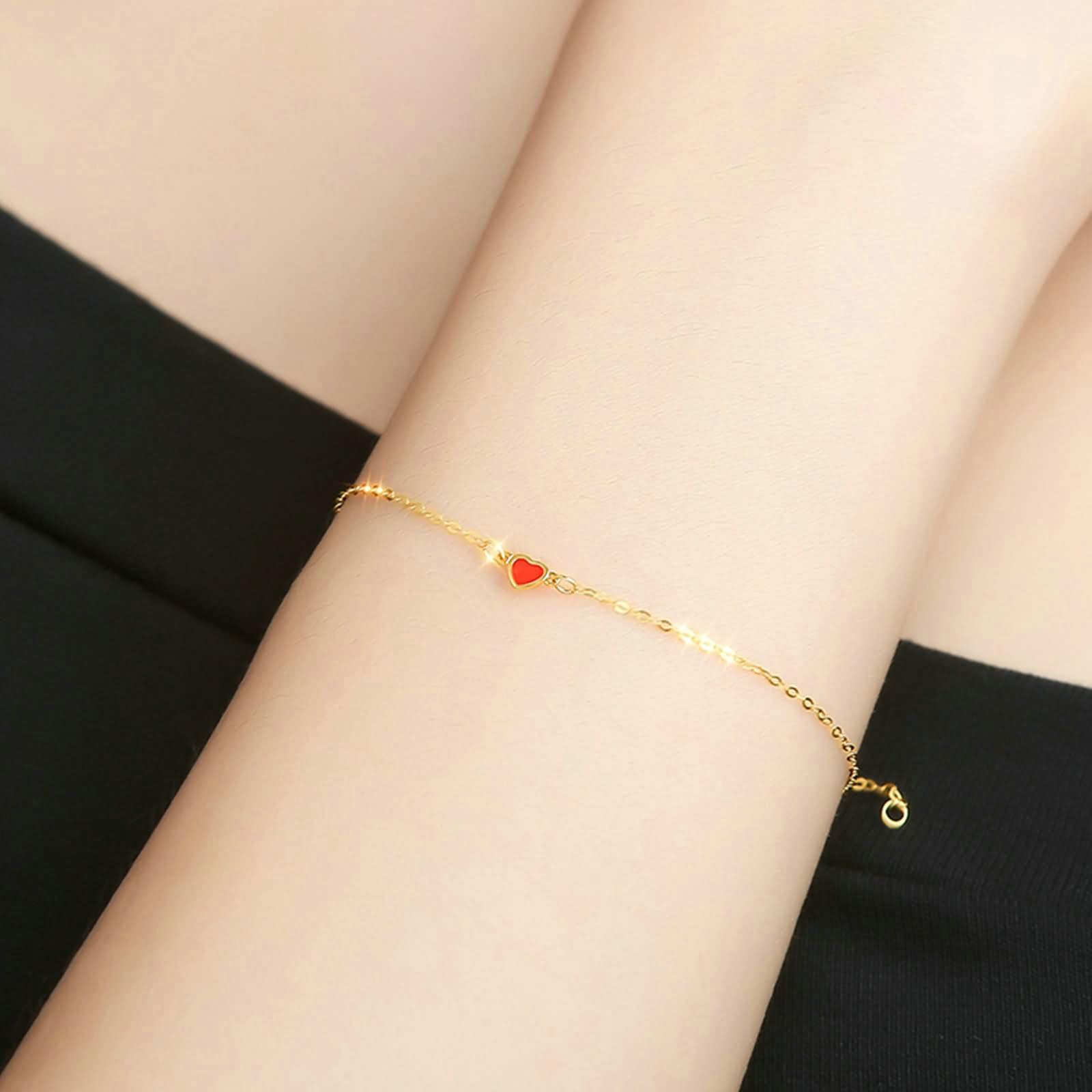 Bracciale Charm Oro Giallo 9 Kt / 14 Kt / 18 Kt per Donna, Catena con Cuore e Perlina, Regolabile 16 CM + 5 CM, Braccialetto Donna Oro