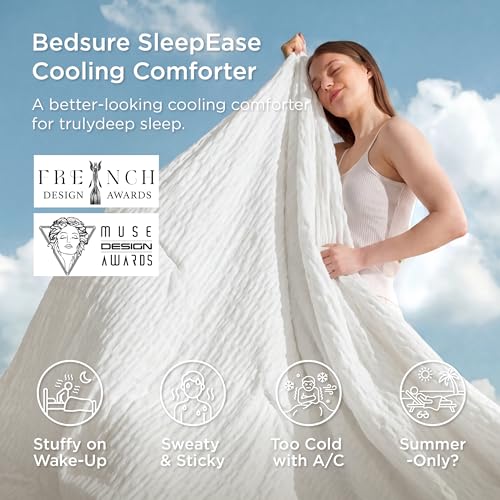 Image of Bedsure SleepEase Cooling Comforter King Size for Summer, 3 Pieces White Seersucker Cooling Comforters for Hot Sleepers, Double-Sided Cool Tech Bedding Set with 1 Breathable Comforter, 2 Pillowcases