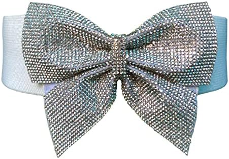 AOYEBOME Bling Stretchy Belts for Women Elastic Wide Rhinestone Bow Waist Band for Dress Accessory (Waist Size:23-38", Beige)