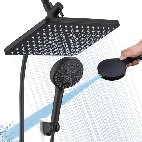 BSTHAONE Black Shower Head Combo, 12'' Rain Shower Head with Handheld Spray, 10Modes High Pressure Hand Held Showerhead with Power Jets,70''Soft PVC Hose Won't Peel Paint or Scratches kids