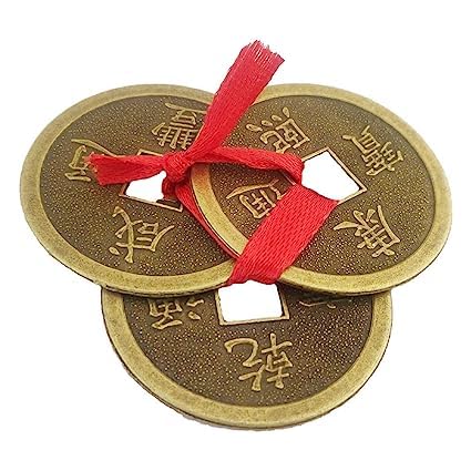 SRDH - Brass Vastu Fengshui Lucky Coin -Metal Coins with Hole and Red Ribbon Knot for Good Money Luck, Decoration Charms – Golden