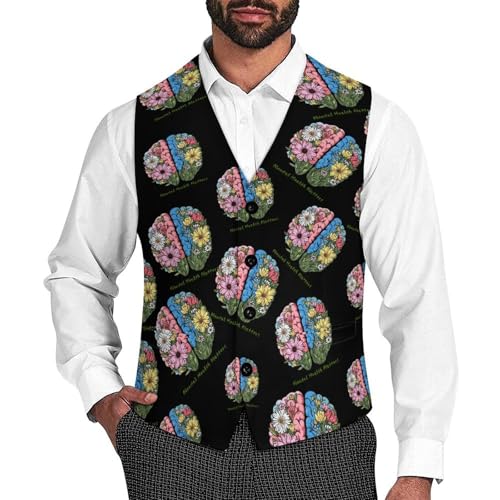 Mental Health Matters Floral Brain Suit Vest for Men Waistcoat Dressy V Neck Button Down Sleeveless Business Jacket Coat