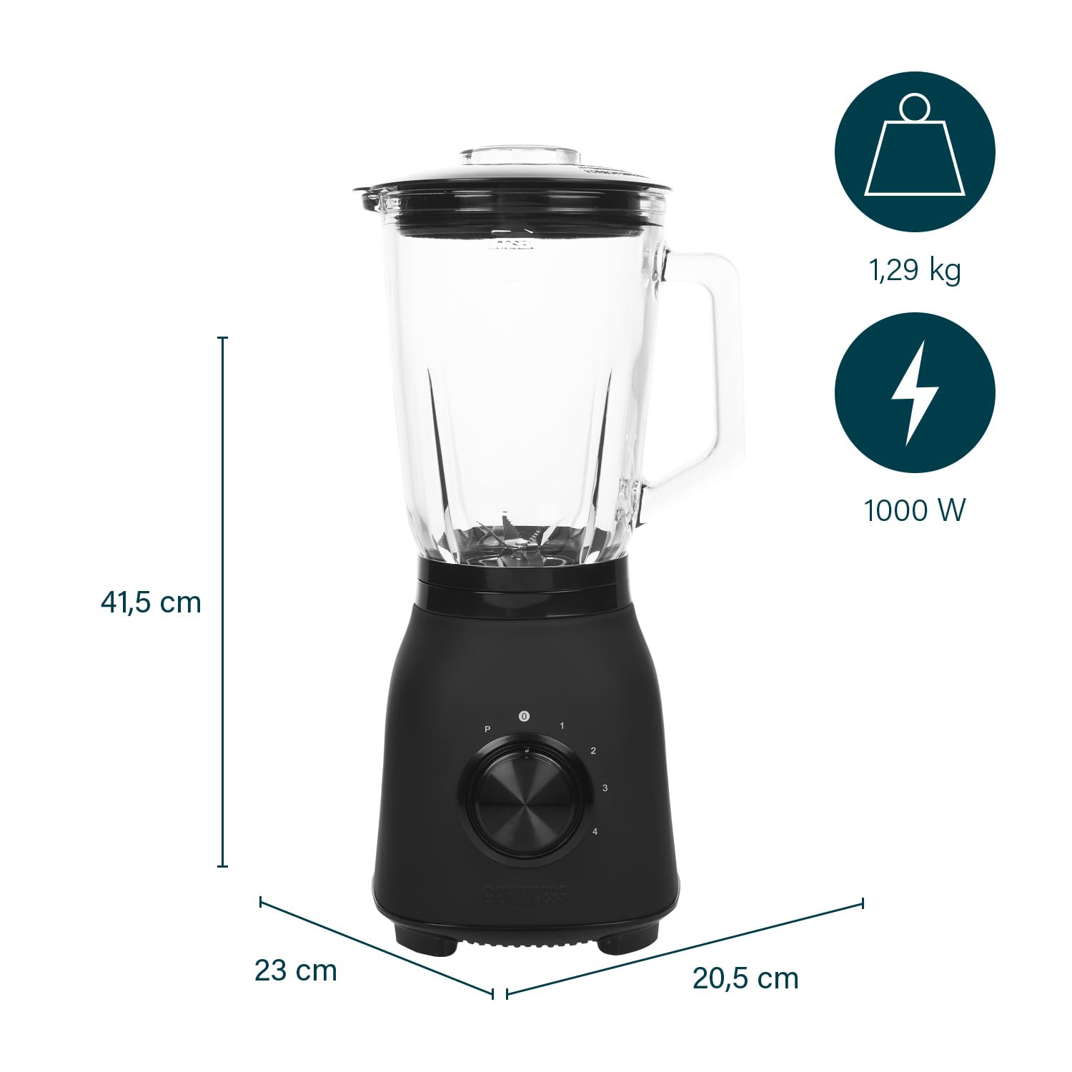 Princess Standmixer Black Steel 4 Geschwindigkeitsstufen, Impuls-Funktion, 6 Klingen, 1000 Watt, 1,5 Liter Glas Krug, Schwarz, Edelstahl 01.212092.01.001