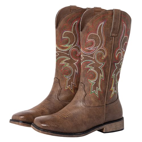 SheSole Wide Calf Cowboy Boots Women Square Toe Western Embroidered Mid Calf Cowgirl Boots, Pull On & Padded Insole Low Heel Fashion Boots for Country Concerts & Work Casual Everyday Style