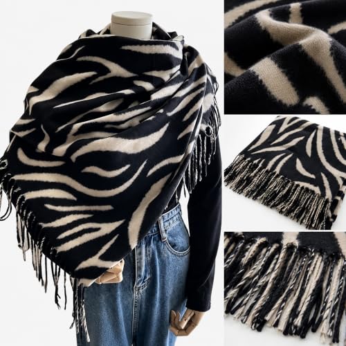 INOGIH Fall Winter Oversized Soft Warm Scarf Zebra Stripe Shawls Wraps Tassels Women - Image 3