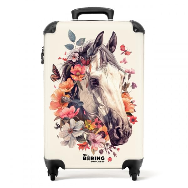 NoBoringSuitcases.com Valise Enfant Cabine, Fille, Bagages, Roulette, TSA, 55x35x25cm (Tête de Cheval - Blanc)