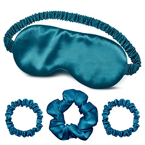 OLESILK 19MM Royal Blue Silk Sleep Mask Eye Mask Blindfold with Double Layer Silk Filling and Elastic Strap, 100% Mulberry Silk Hair Scrunchies for Women Hair Care, Silk Donut Hair Ties 3 Pieces