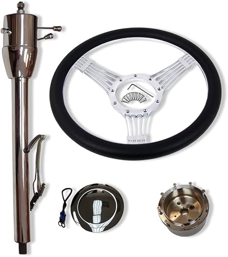 DEMOTOR PERFORMANCE Volante Billet cromado de 14 pulgadas y columna manual de 32 pulgadas GM con adaptador sin llave y botón de bocina