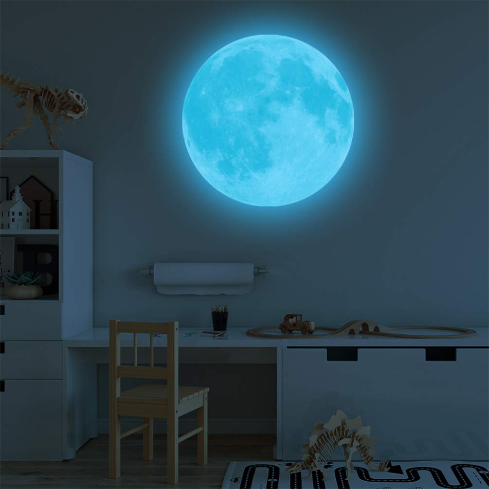 EXCEART 20Cm Glow in The Dark Moon Wall Sticker, Cyan-Blue Light Round Luminous Decal for Bedroom Living Room, Kids Room - Image 3