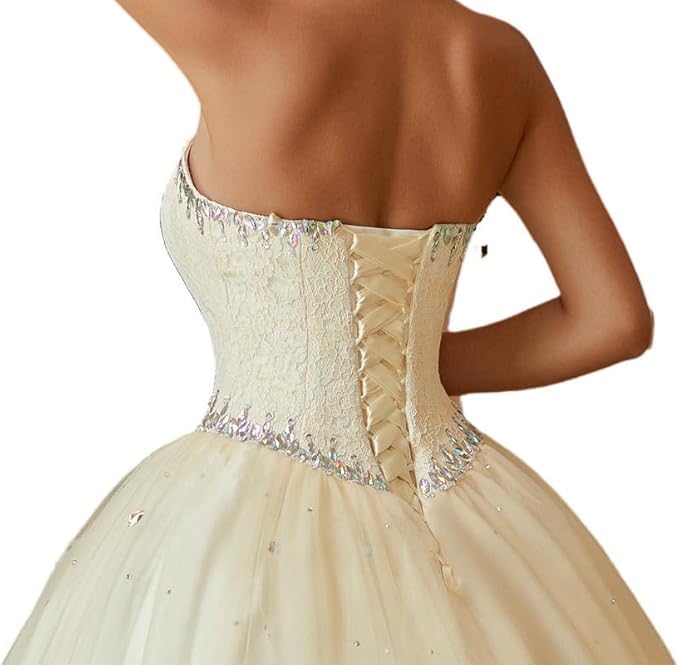 Image of Likedpage Strapless Ball Gown with Colorful Rhinestones, Lace Bodice Floor Length Wedding Prom Dress