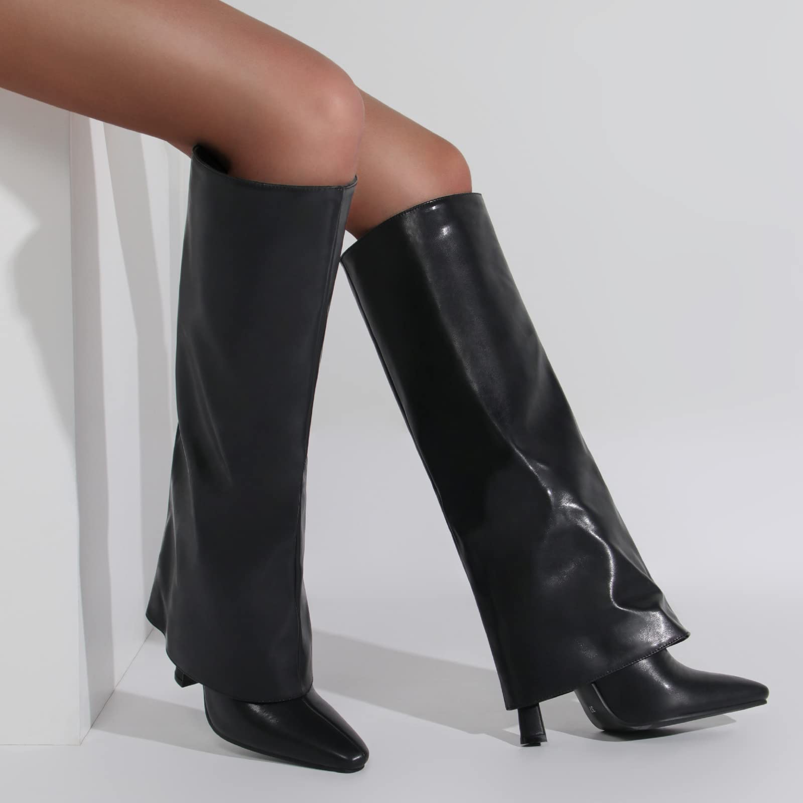 11CM/4.33 in Stivali Lunghi da Donna Punta Quadrata Tacco A Spillo Alto Manica PU Stivali da Donna di Moda di Grandi Dimensioni