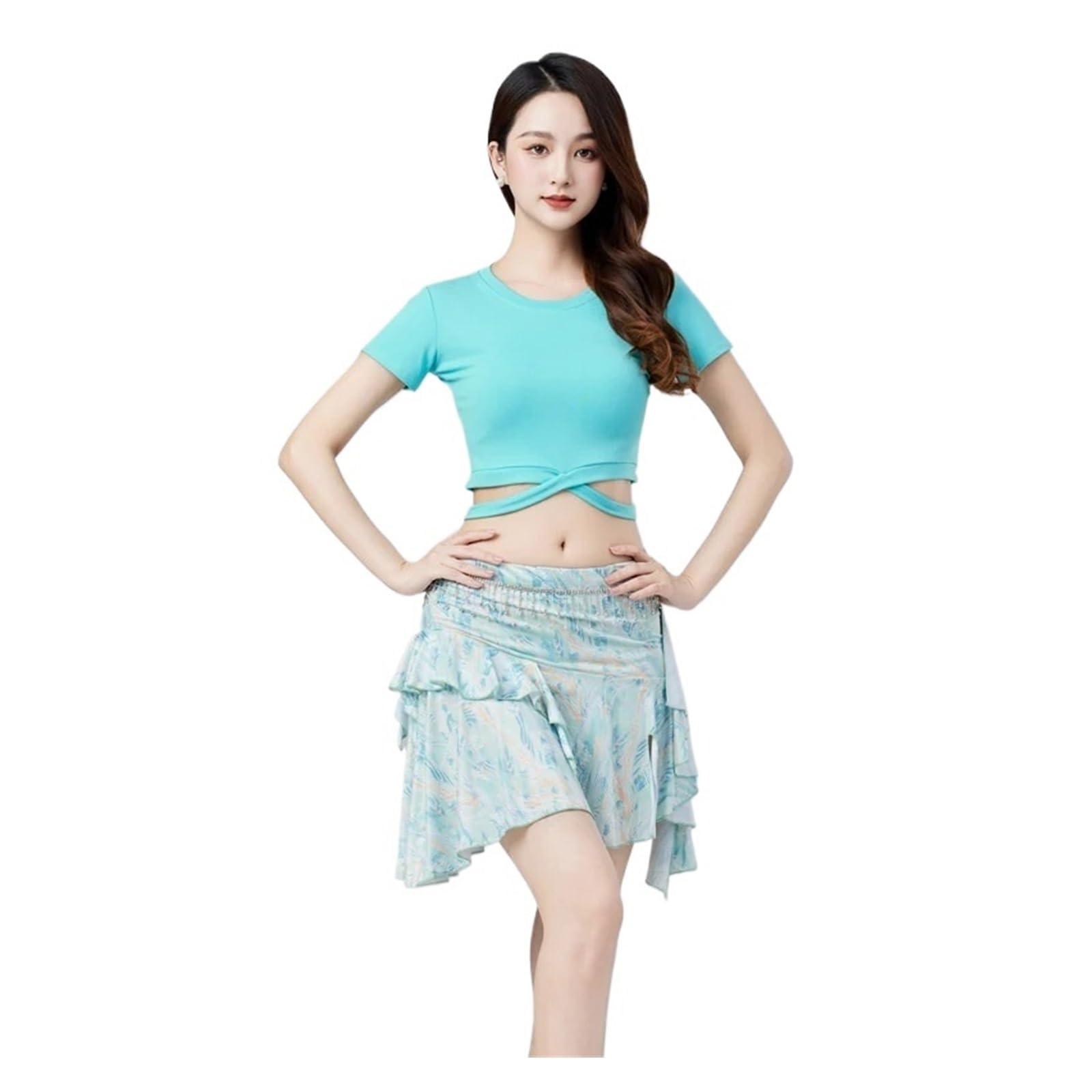 Traje de práctica de Danza del Vientre for Mujer, Conjunto de Falda de Rendimiento Sve Dr, Ropa de Yoga Ajustada, Tela Modal(A Style (Light Green) Top+Skirt,XL)