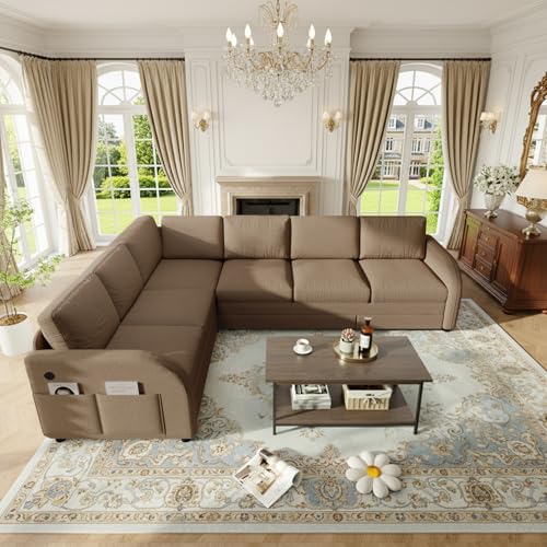 Image of KCGKCG 115.2 inch L Shaped Couch Bed, Sectional Couches for Living Room, Teddy Fabric Sleeper Sofa Bed with Pull Out Couch, Convertible Sectional Couch with Charging Station & Side Pocket, Brown